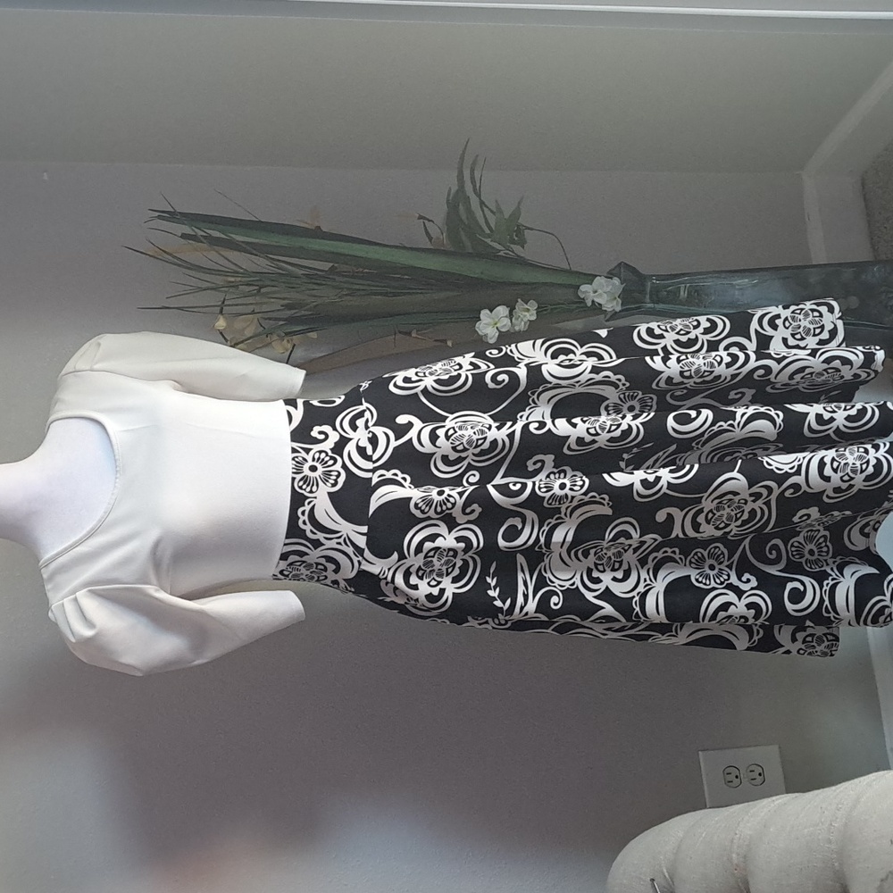 Avital Black & White Dress with Pockets 3/4 Puff Sleeve A-line Midi Pullover